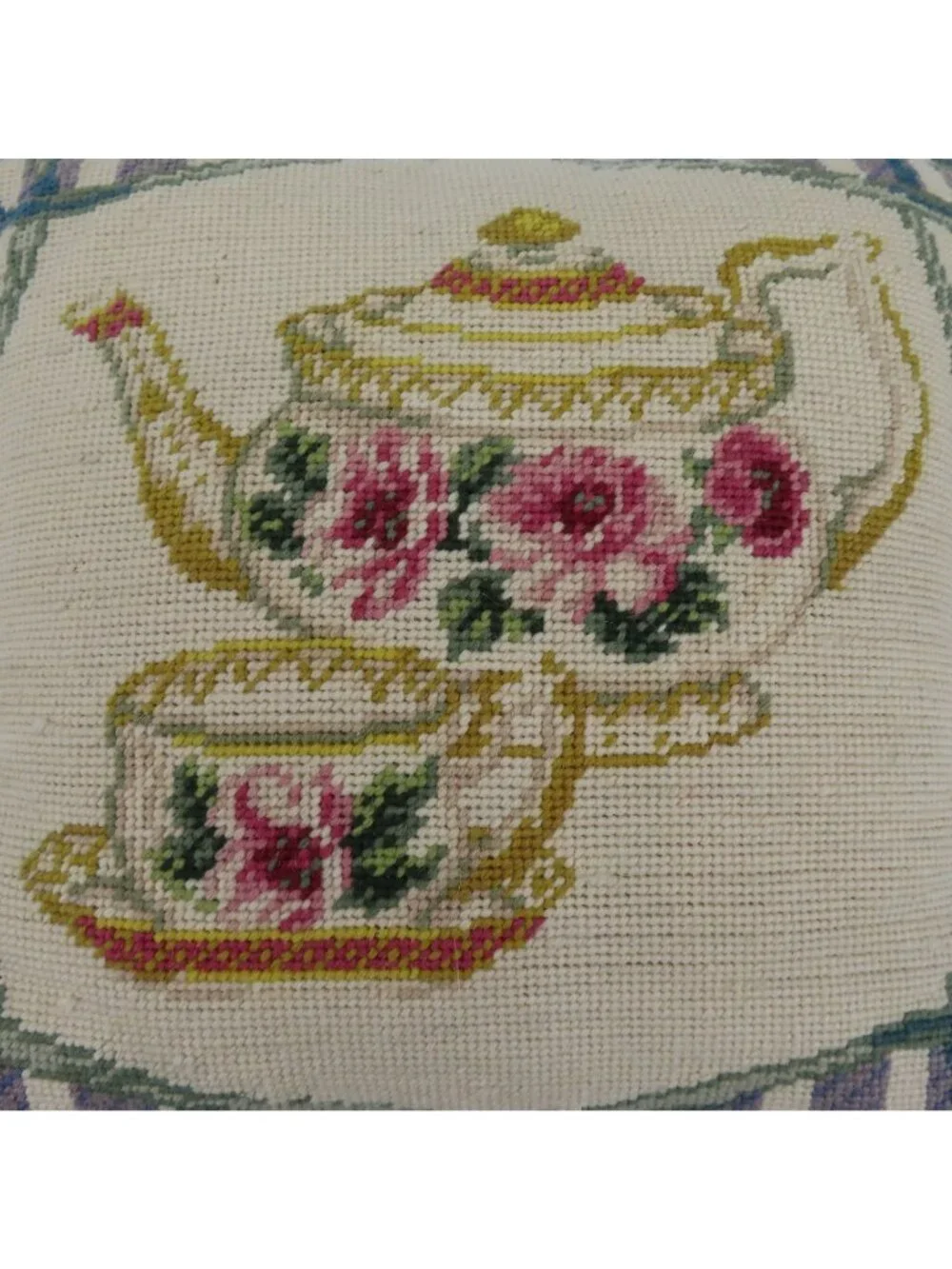 VTG Granny Teapot Teacup Saucer Needlepoint Pink Rose Flower Floral Throw Pillow